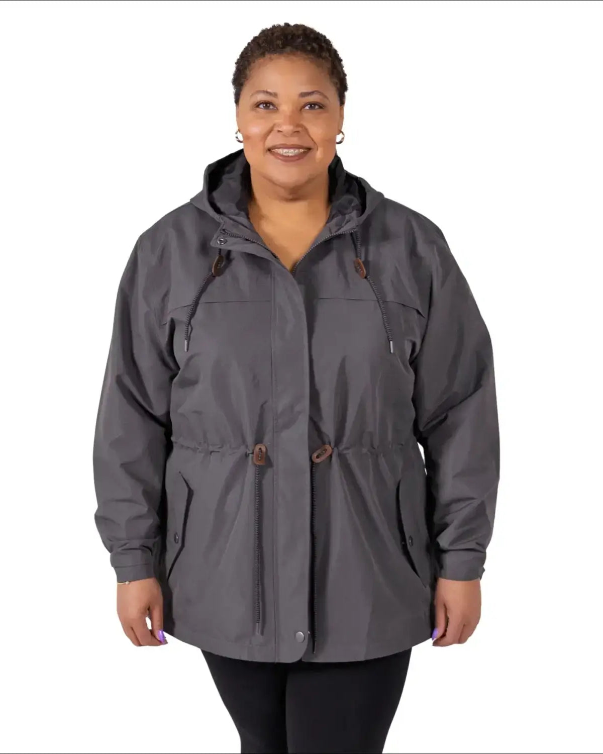 Gray plus size rain jacket on model, front image