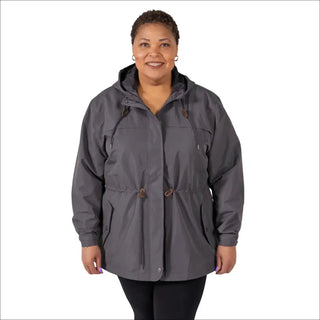 Gray plus size rain jacket on model, front image