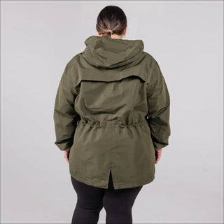 Blue plus size rain jacket on model, back image
