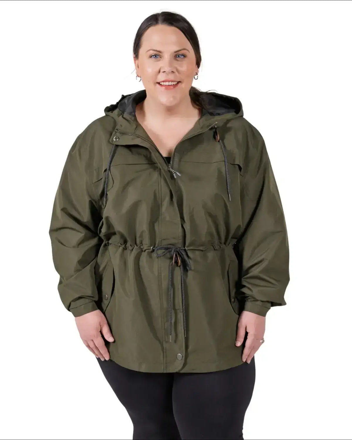 Green plus size rain jacket on model, front image