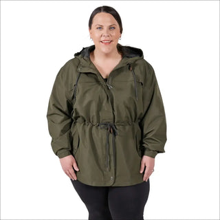 Green plus size rain jacket on model, front image