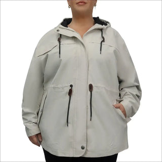 Beige hooded plus size raincoat front image