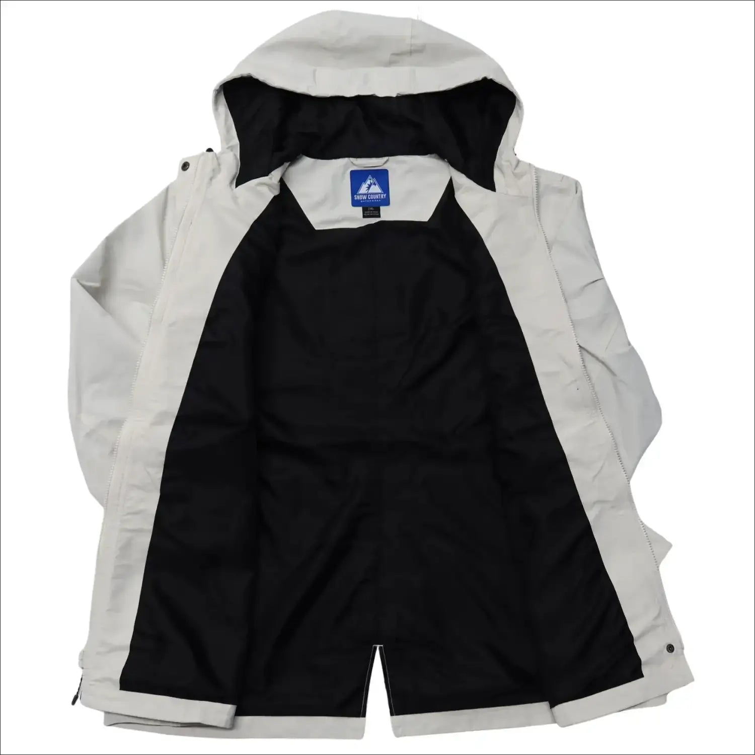 Flat lay of light-colored hooded rain jacket with black lining for plus size women