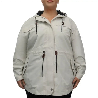 Beige hooded plus-size rain jacket front image