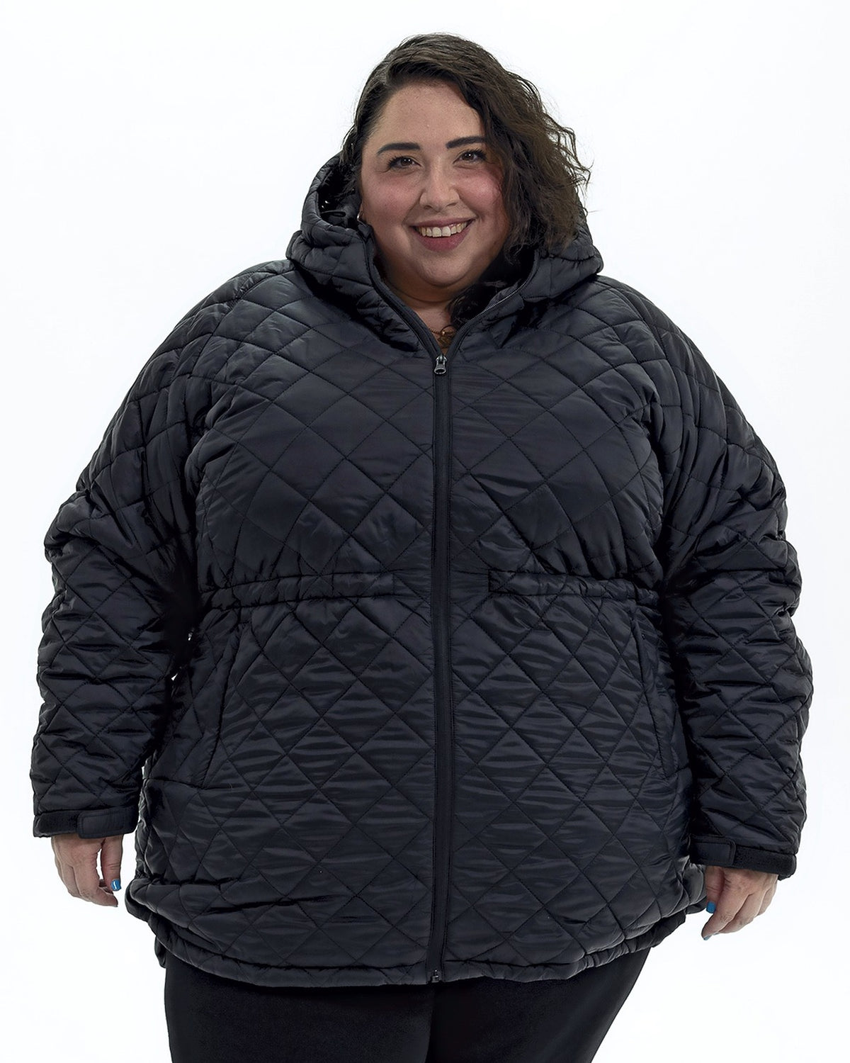 Black The Savvy II plus size quilted jacket, front | Model is 5'4" and wears a 5X