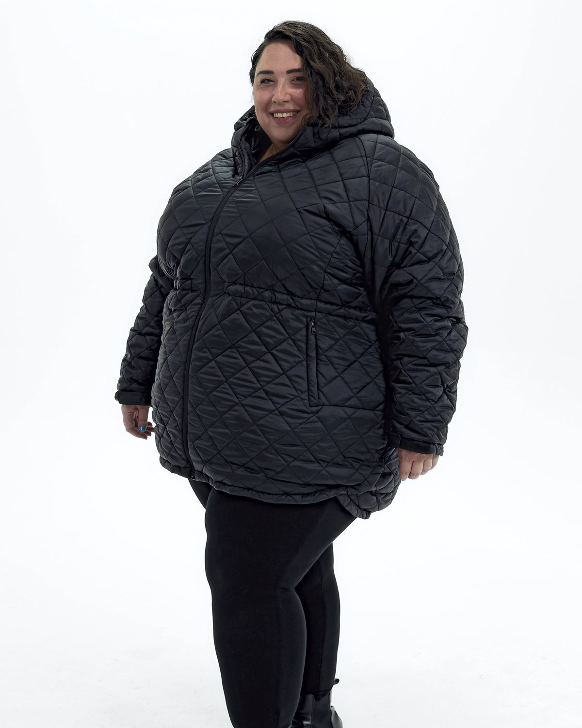 Black The Savvy II plus size quilted jacket, side | Model is 5'4" and wears a 5X