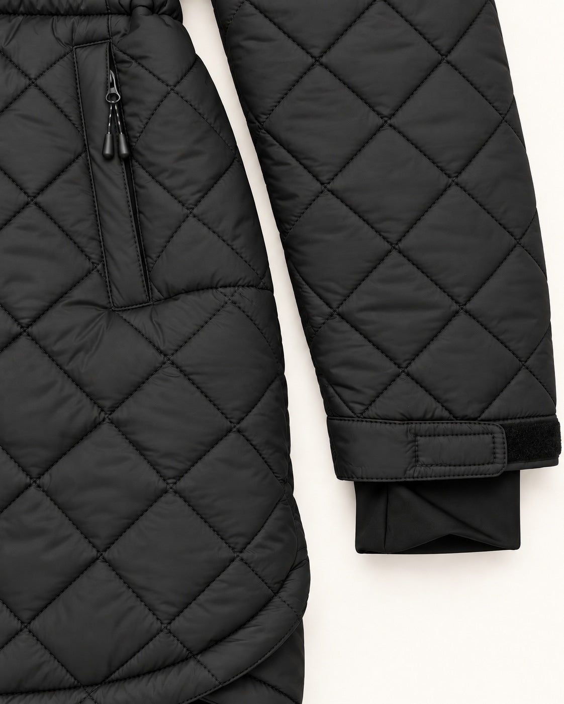 Black The Savvy II plus size quilted jacket, adjustable cuff tab, inner cuff and zip hand pocket detail