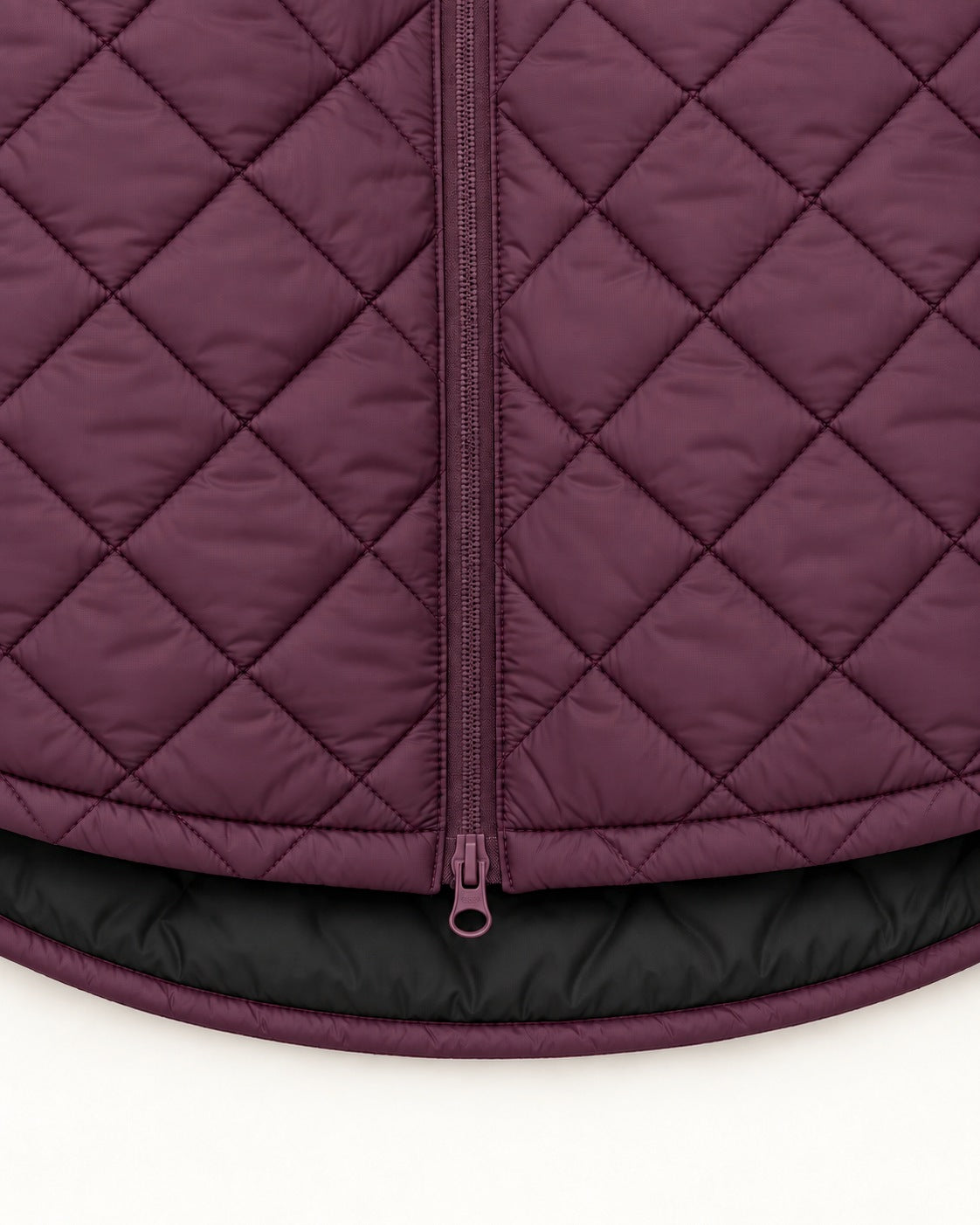 Eggplant The Savvy II plus size quilted jacket, two-way zipper and curved high-low hem detail