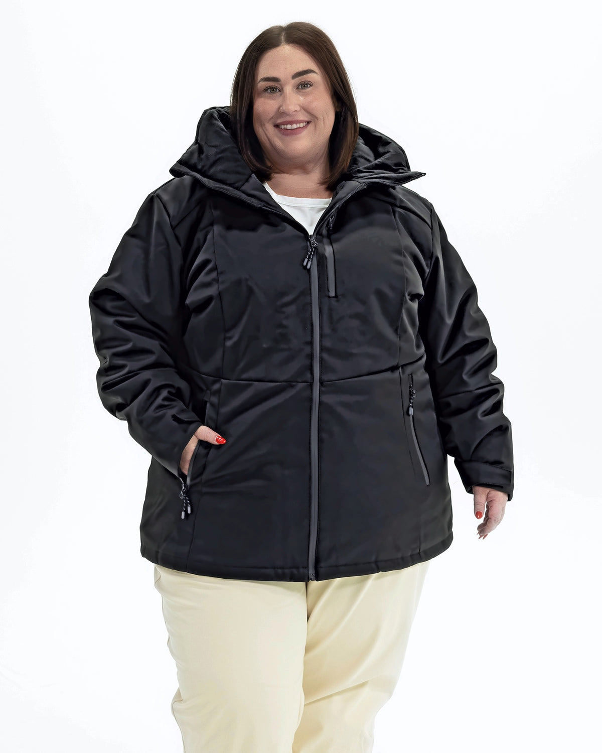 Black Siberian women's plus size heavy insulated softshell coat, front | Model is 5'4" and wears a 3X