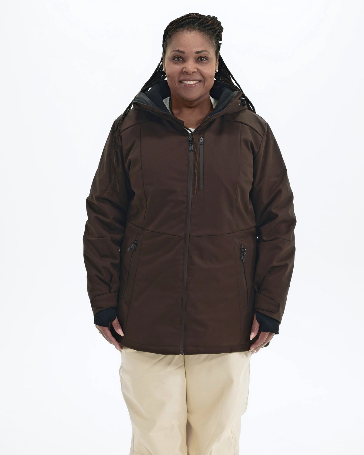 Chocolate Siberian women's plus size heavy insulated softshell coat, front | Model is 5'6" and wears a 1X