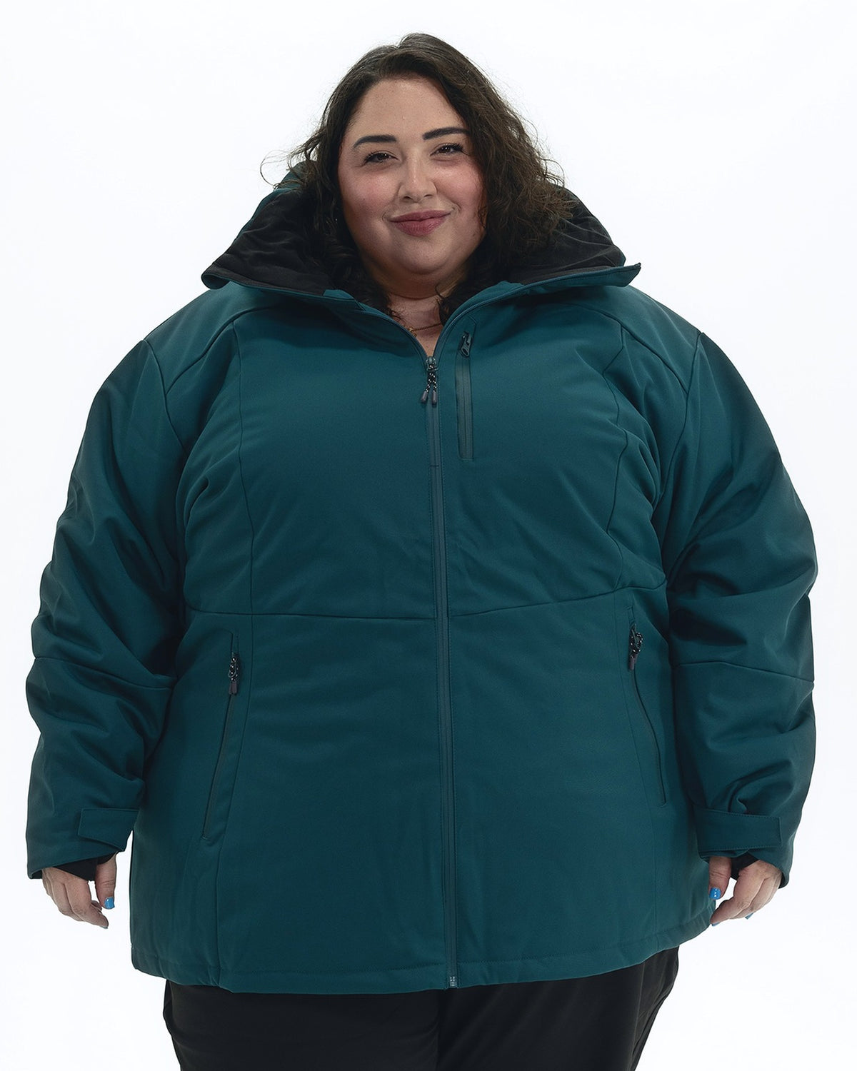 Deep Lagoon Siberian women's plus size heavy insulated softshell coat, front | Model is 5'4" and wears a 5X