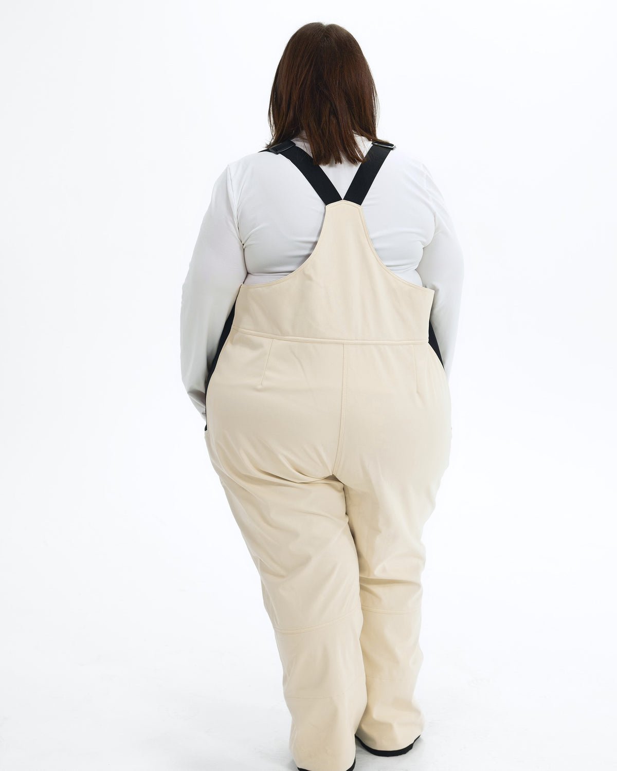 Vanilla women's plus size soft shell snow bibs, back | Model is 5'4" and wears a 3X