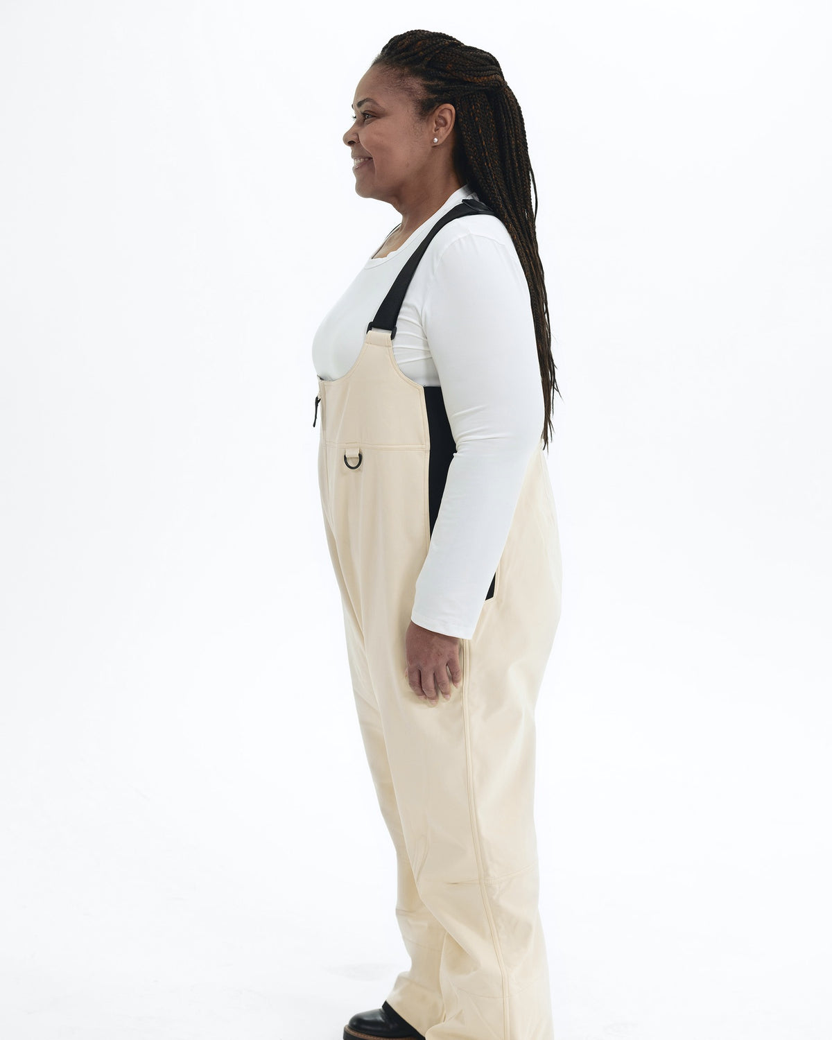 Vanilla women's plus size soft shell snow bibs, side | Model is 5'6" and wears a 1X