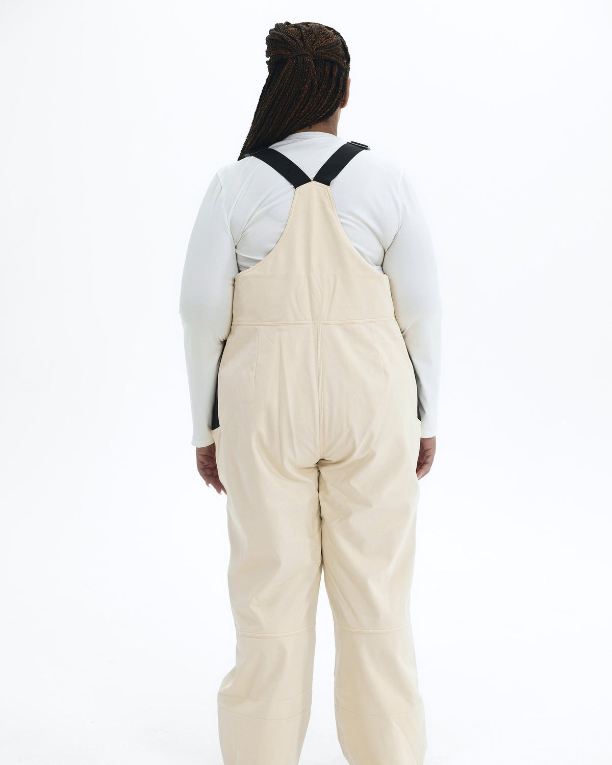 Vanilla women's plus size soft shell snow bibs, back | Model is 5'6" and wears a 1X