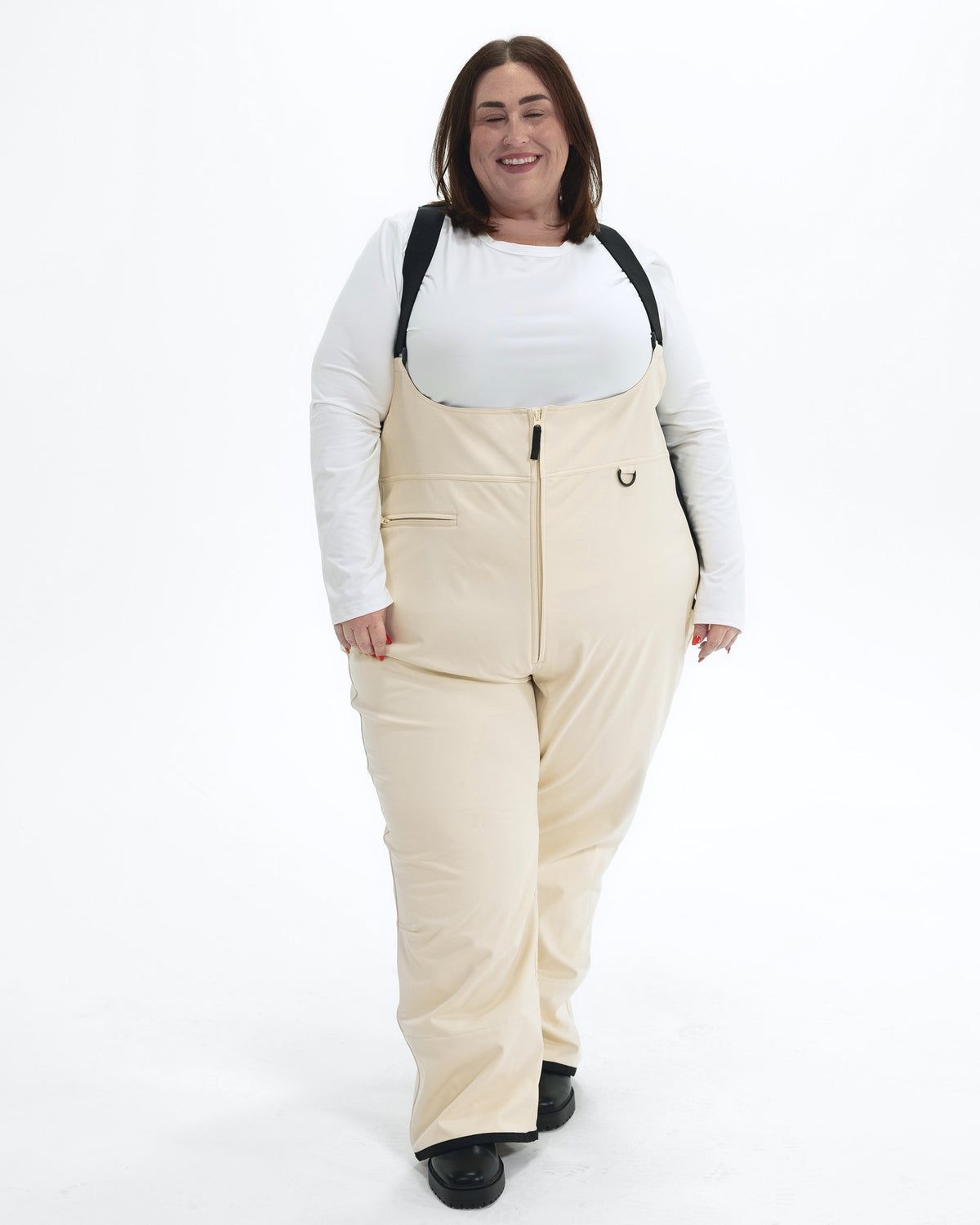 Vanilla women's plus size soft shell snow bibs, front | Model is 5'4" and wears a 3X