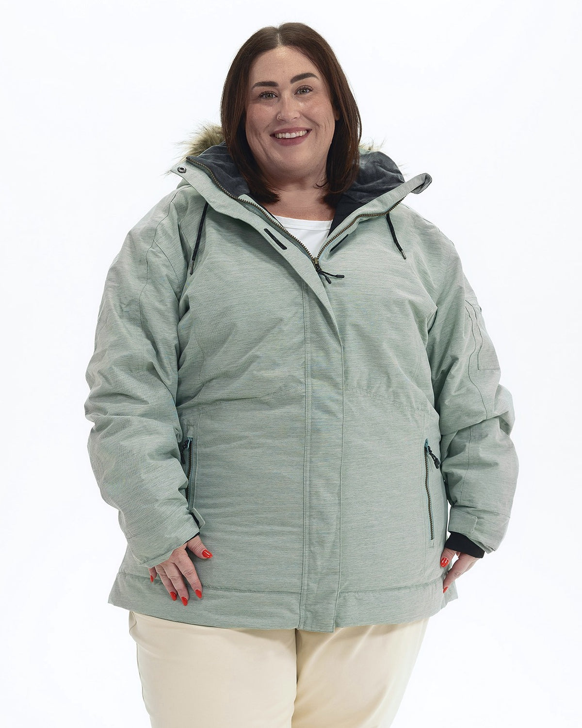 Green Lily Sugar Coat II women's plus size insulated snow jacket, front | Model is 5'4" and wears a 3X
