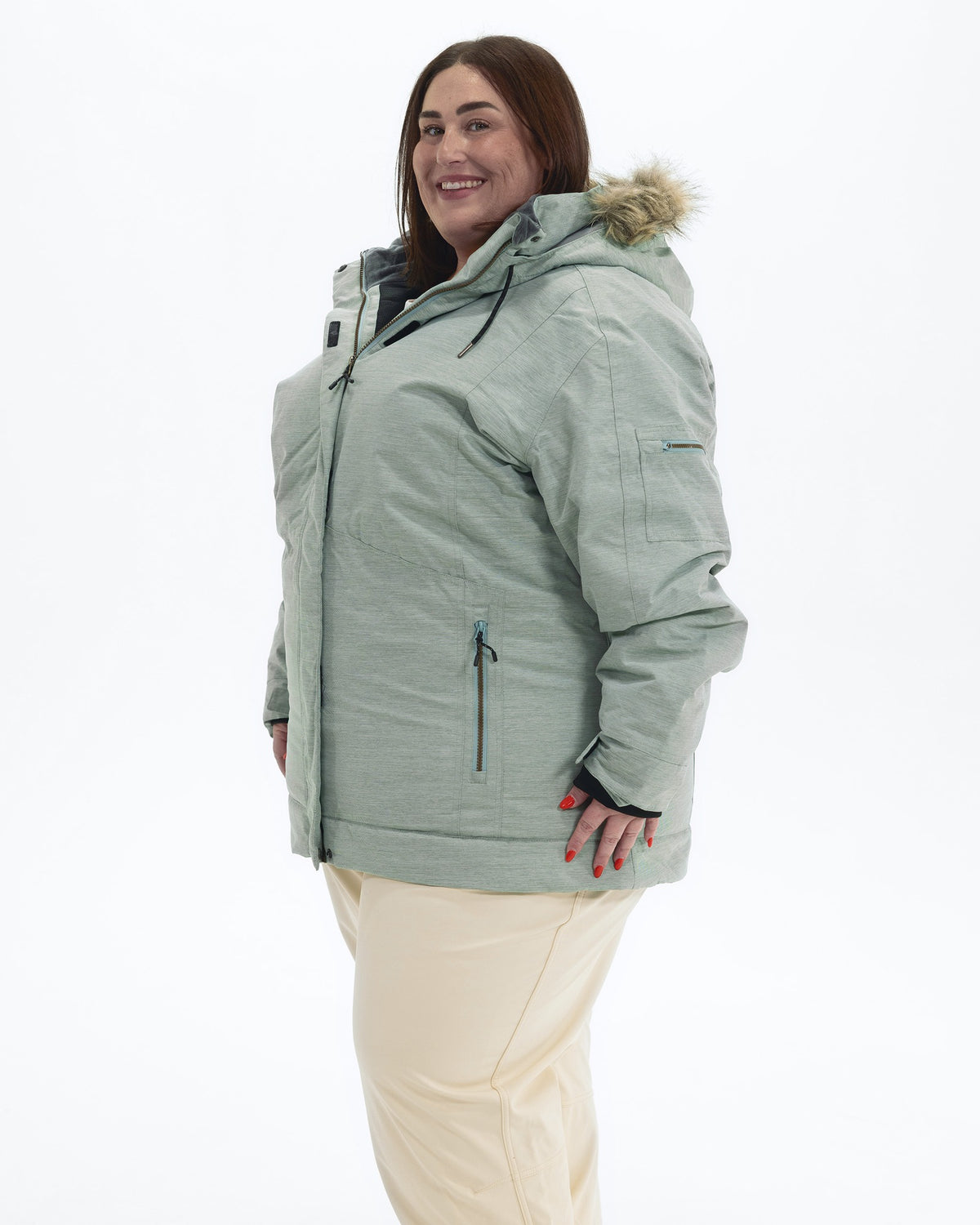 Green Lily The Sugar Coat II plus size insulated snow jacket, three quarter view | Model is 5'4" and wears a 3X