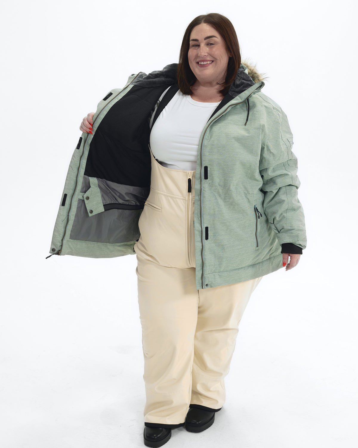 Green Lily The Sugar Coat II plus size insulated snow jacket, worn open showing the thermal mesh lining | Model is 5'4" and wears a 3X