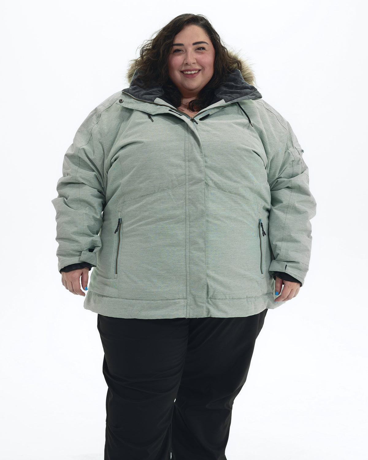 Green Lily The Sugar Coat II plus size insulated snow jacket, front | Model is 5'4" and wears a 5X