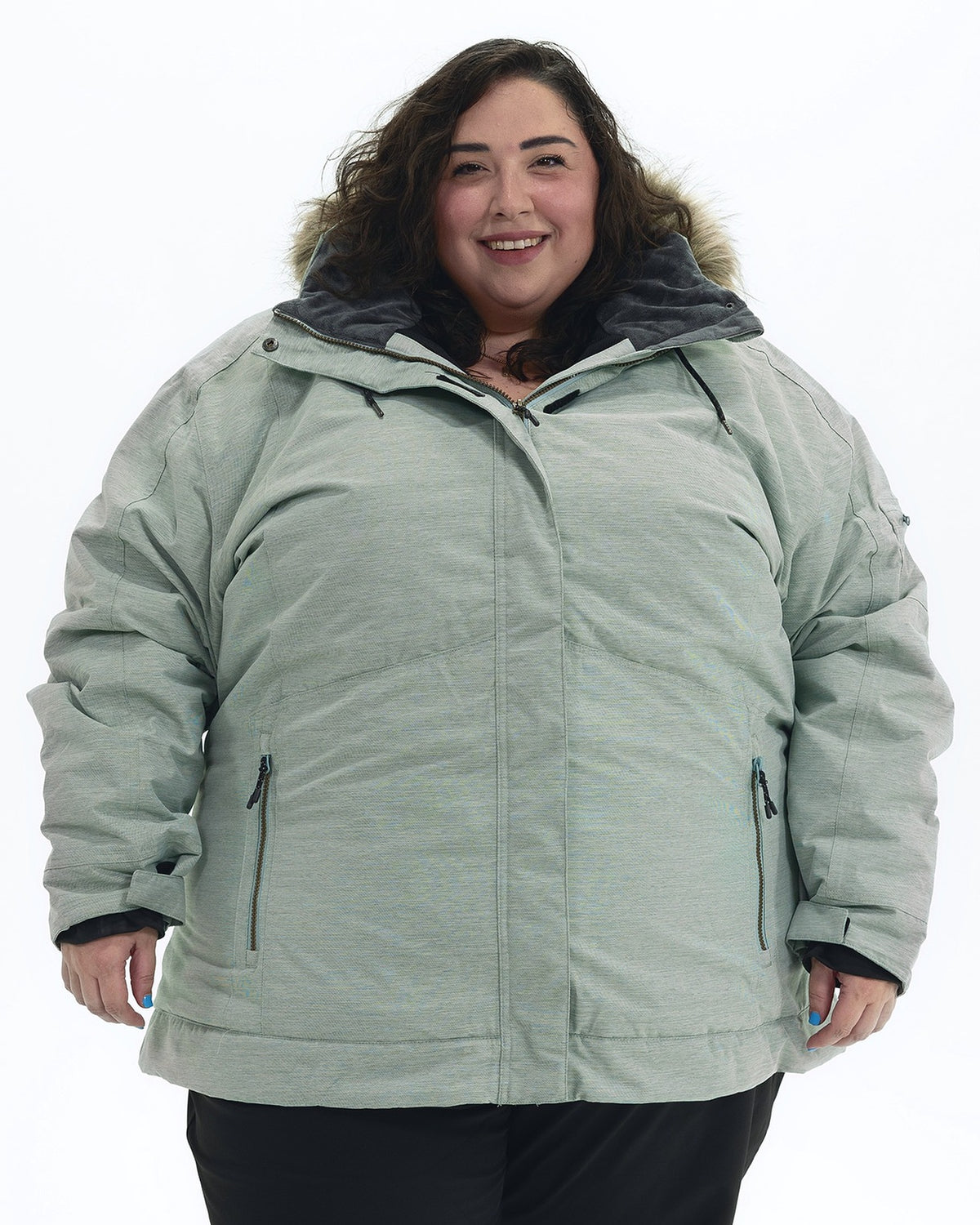 Green Lily Sugar Coat II women's plus size insulated snow jacket, front | Model is 5'4" and wears a 5X