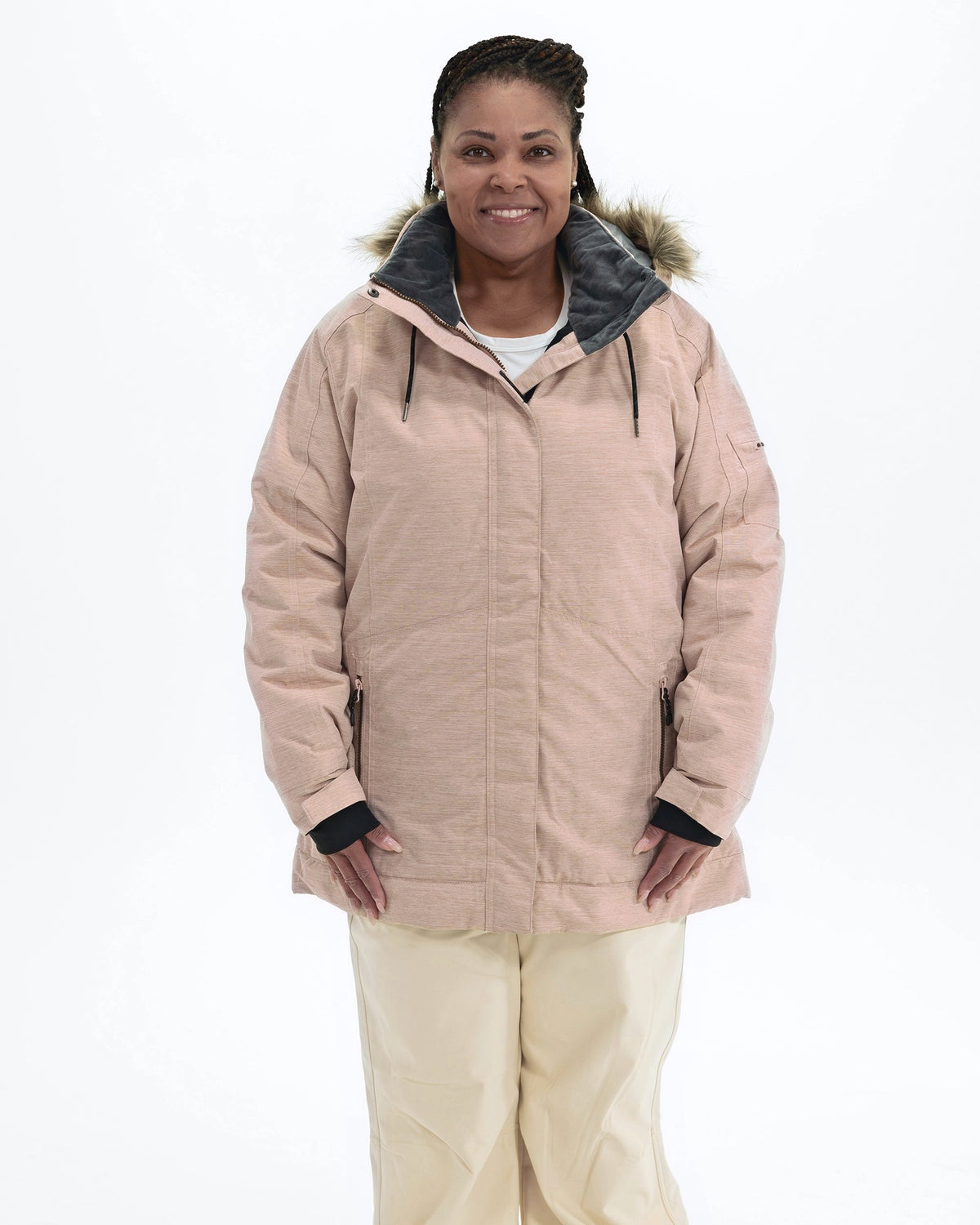 Pink Blush Sugar Coat II women's plus size insulated snow jacket, front | Model is 5'6" and wears a 1X