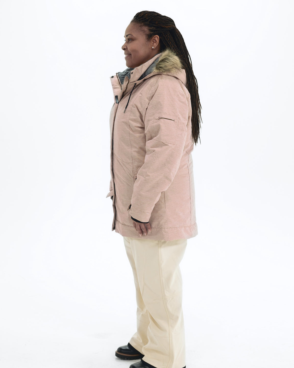 Pink Blush The Sugar Coat II plus size insulated snow jacket, side | Model is 5'6" and wears a 1X