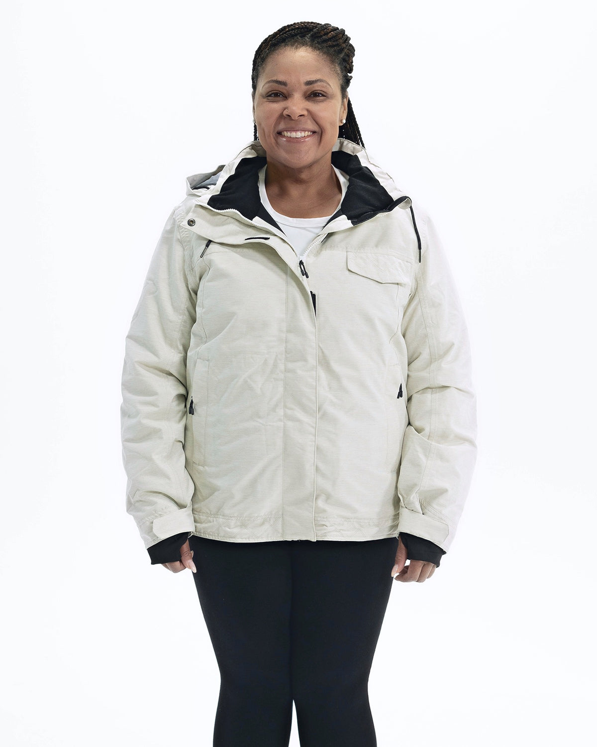 Soap Stone Sugarcoat women's plus size insulated snow jacket, front | Model is 5'6" and wears a 1X