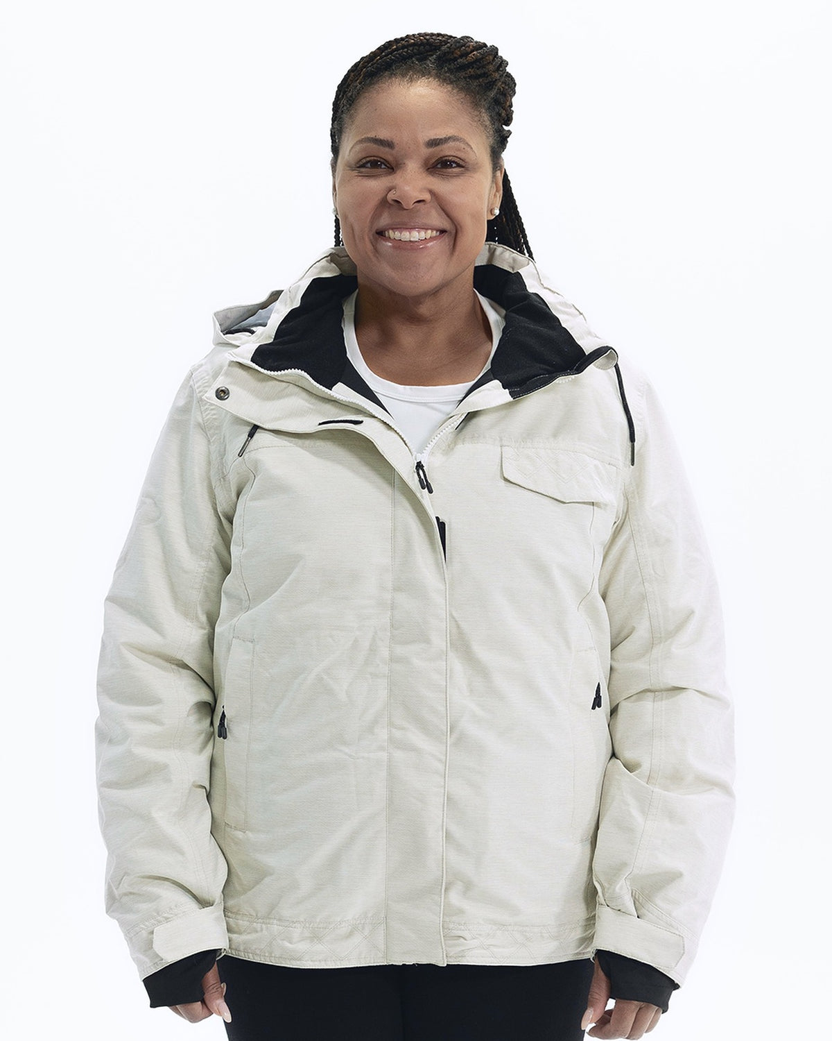 Soap Stone Sugarcoat women's plus size insulated snow jacket, front | Model is 5'6" and wears a 1X