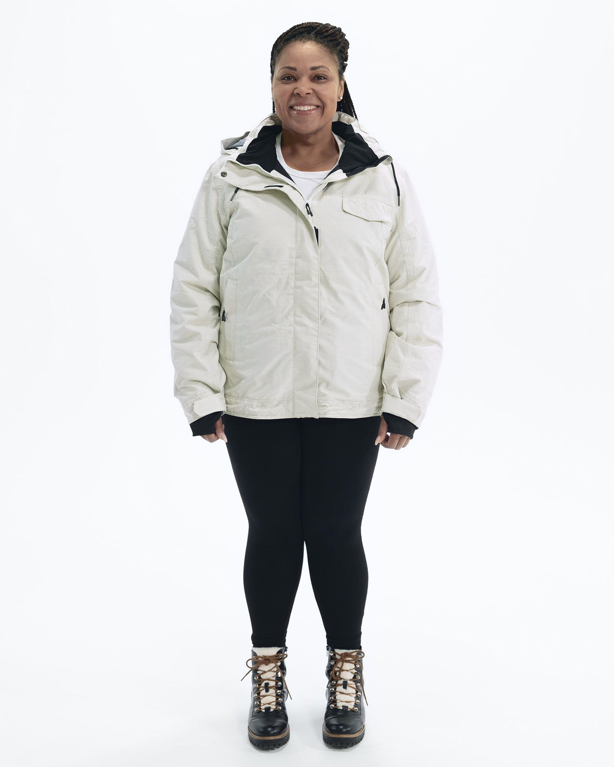 Soap Stone Sugarcoat plus size insulated snow jacket, front full length | Model is 5'6" and wears a 1X