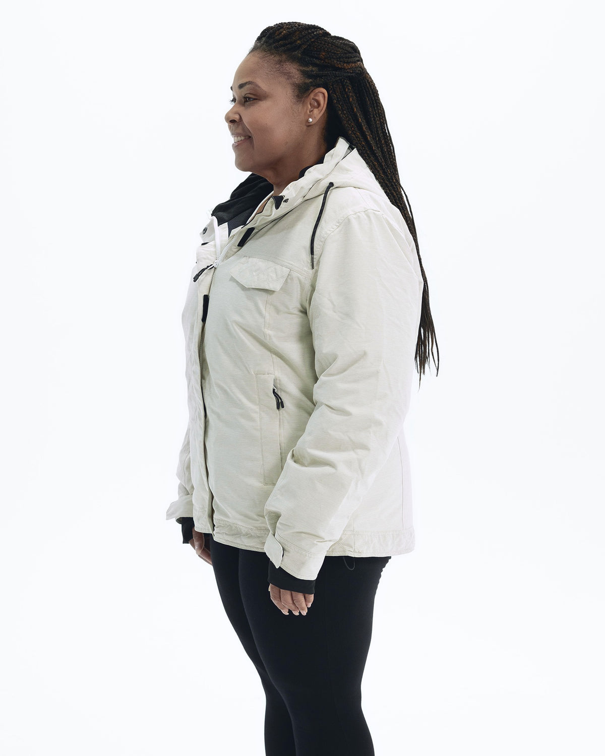 Soap Stone Sugarcoat plus size insulated snow jacket, side | Model is 5'6" and wears a 1X