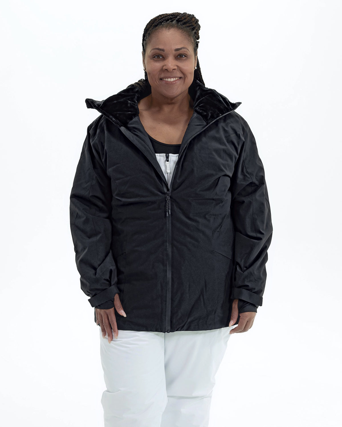 Black The Tempest plus size insulated snow jacket, worn open showing the insulated lining | Model is 5'6" and wears a 1X
