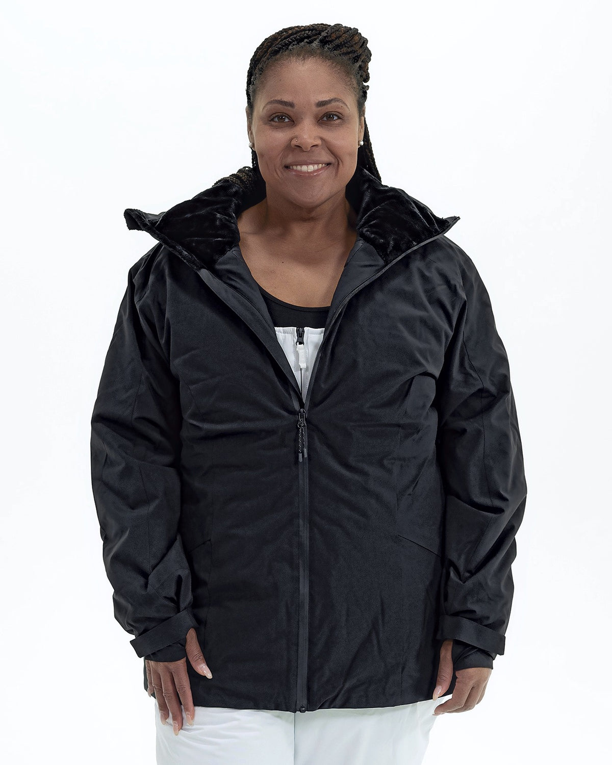 Black Tempest women's plus size insulated snow jacket, front | Model is 5'6" and wears a 1X