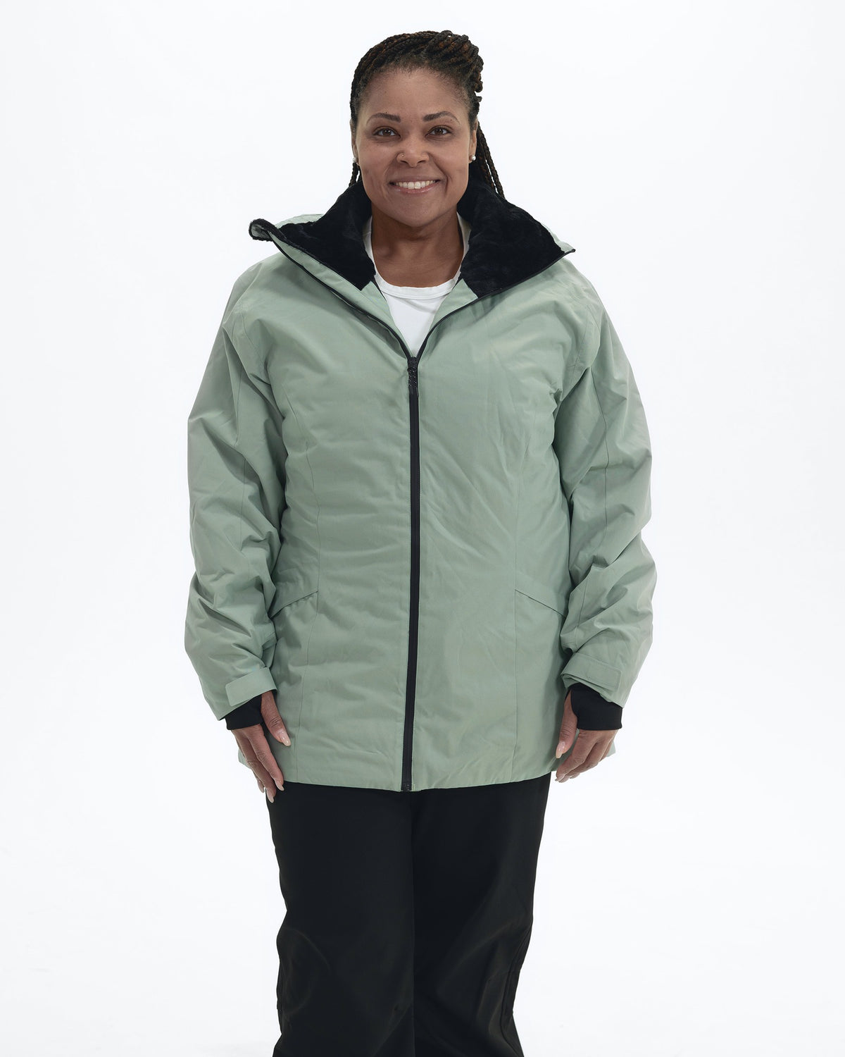 Green Lily The Tempest plus size insulated snow jacket, front | Model is 5'6" and wears a 1X