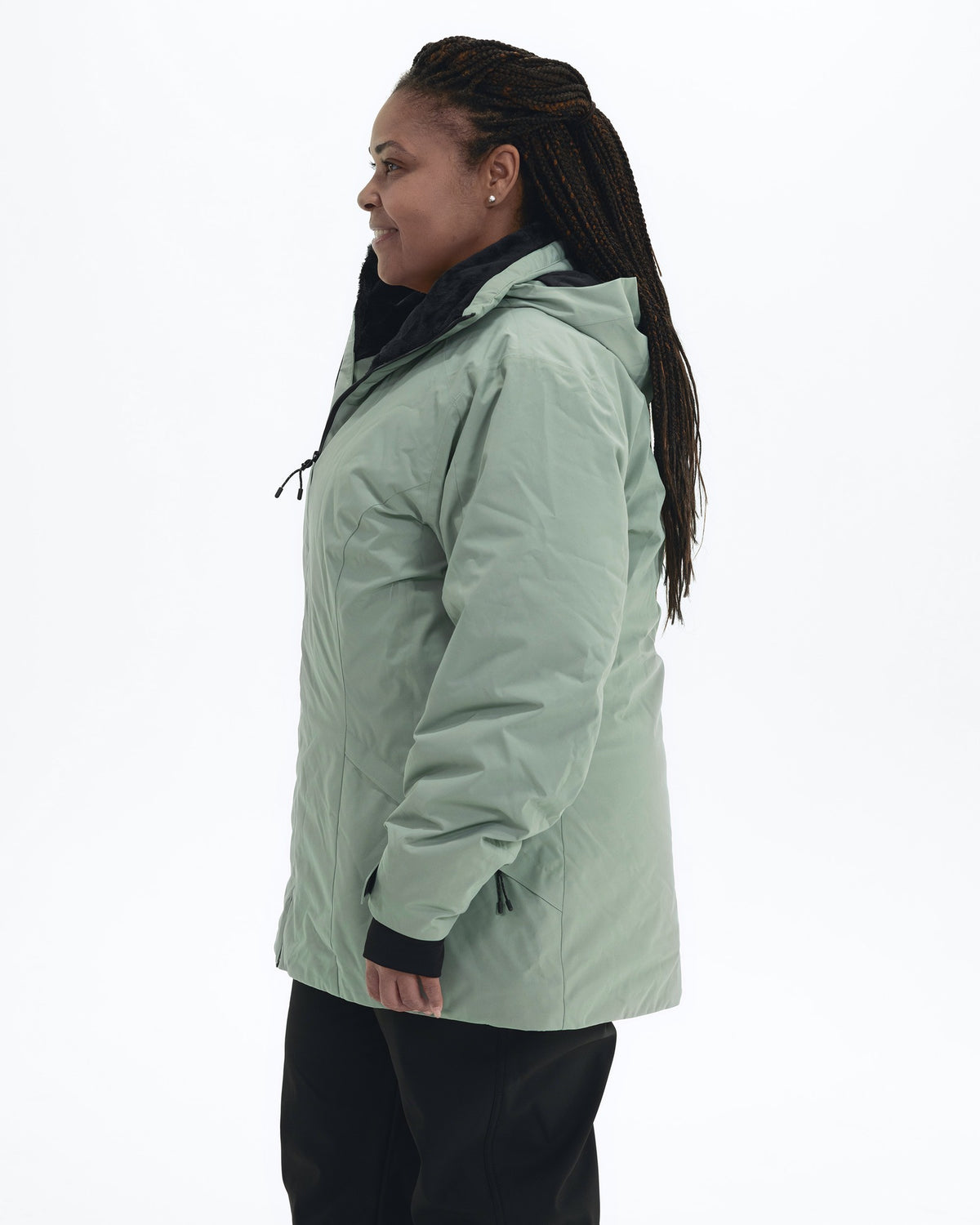 Green Lily The Tempest plus size insulated snow jacket, side | Model is 5'6" and wears a 1X