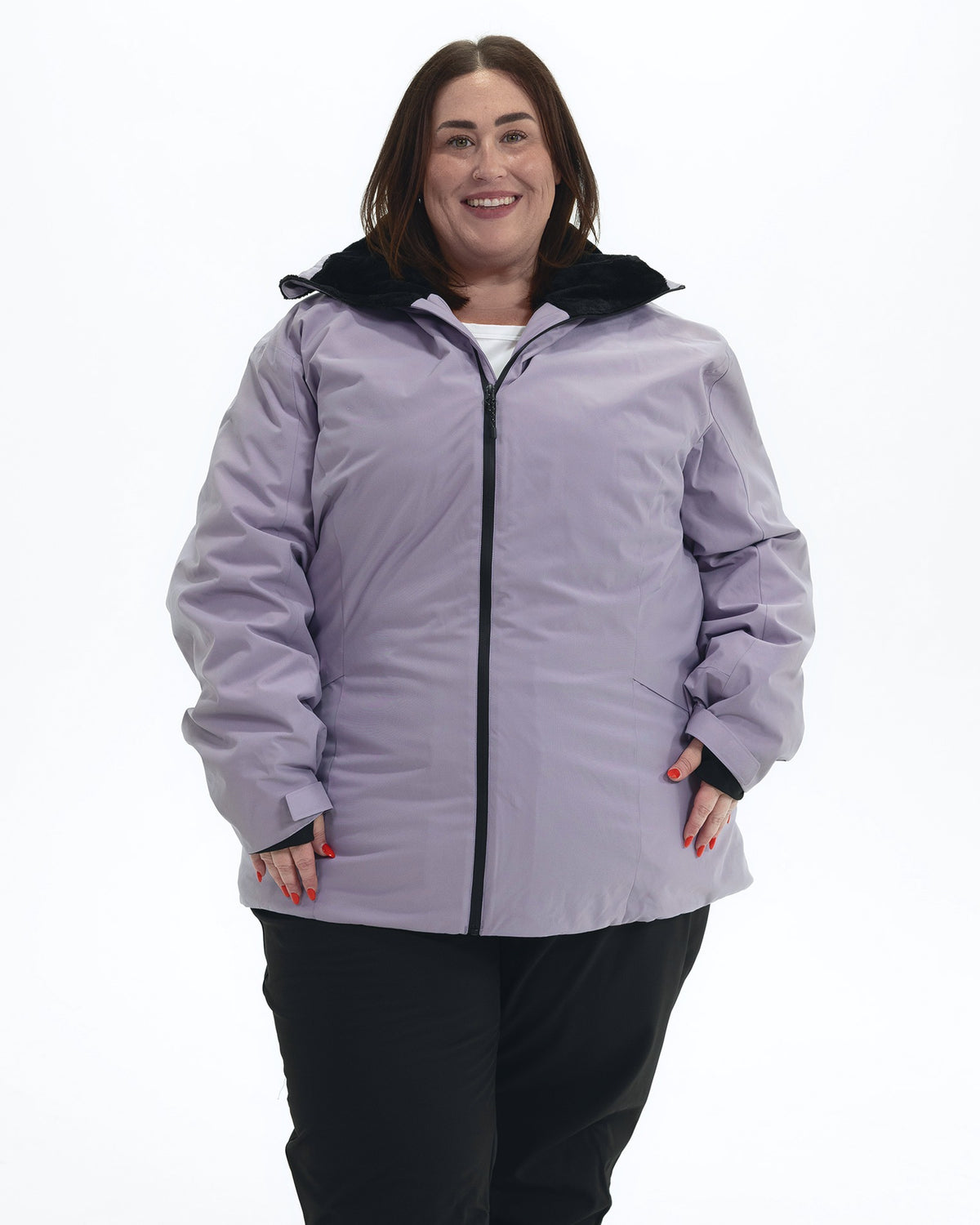 Lavender The Tempest plus size insulated snow jacket, front | Model is 5'4" and wears a 3X