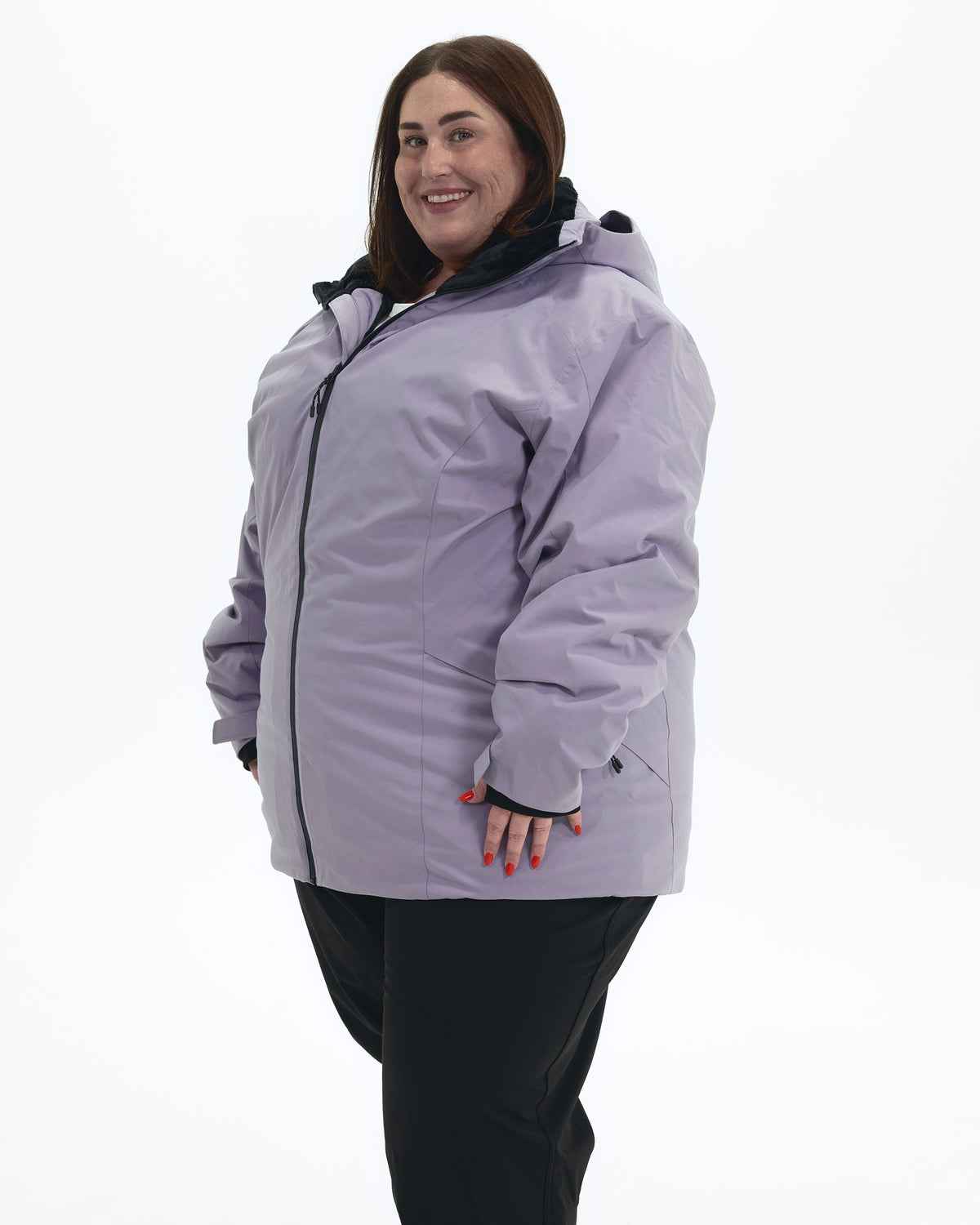 Lavender The Tempest plus size insulated snow jacket, side | Model is 5'4" and wears a 3X