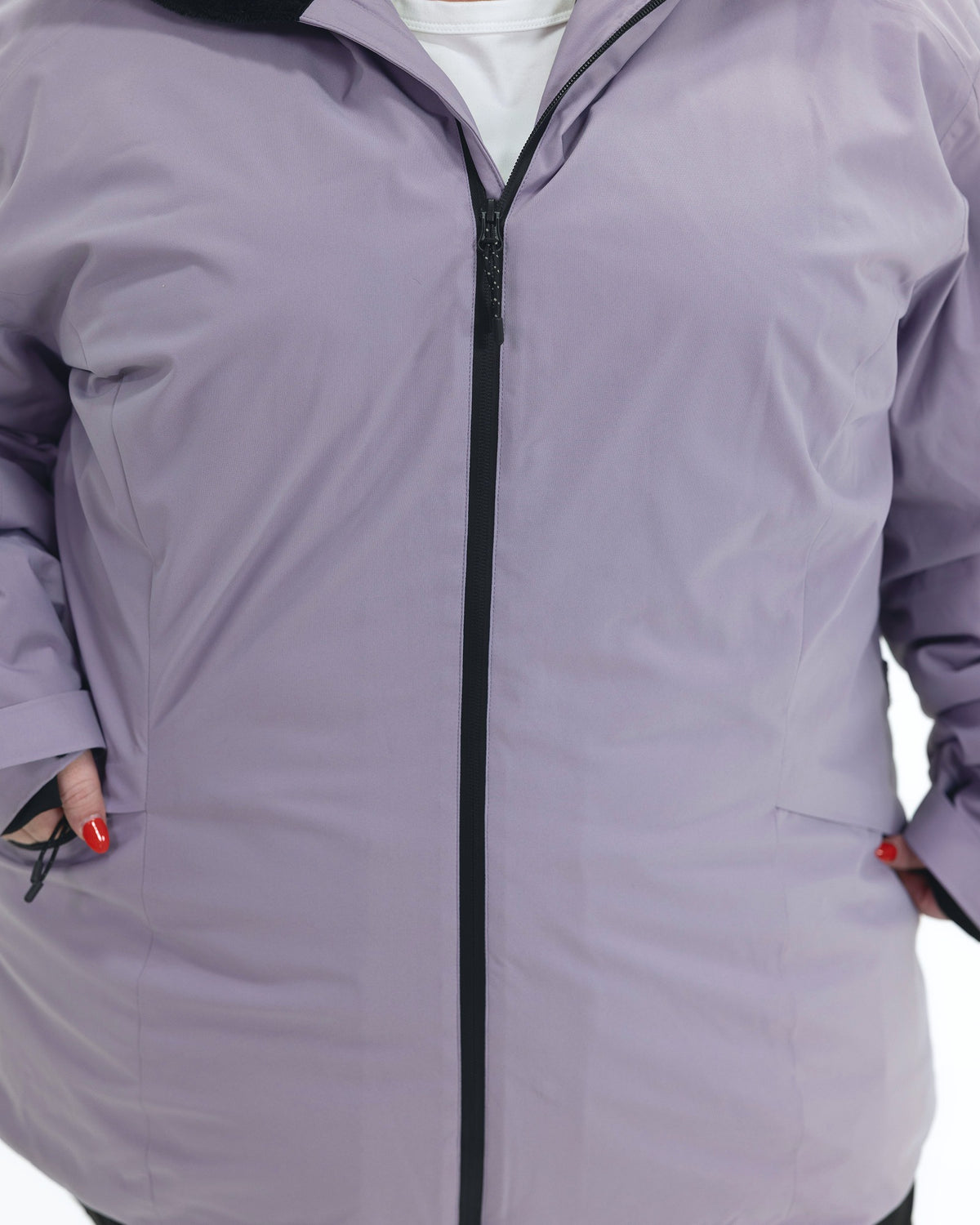 Lavender The Tempest plus size insulated snow jacket, front zip and chest detail