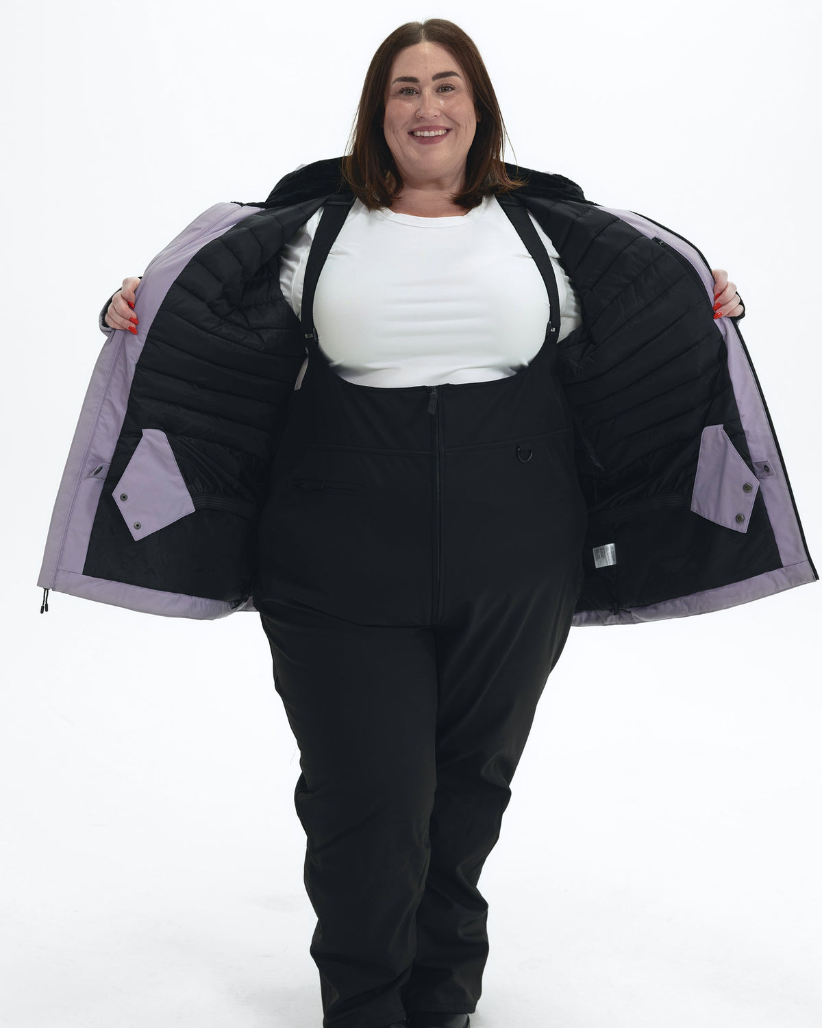 Lavender The Tempest plus size insulated snow jacket, worn open showing the insulated lining | Model is 5'4" and wears a 3X
