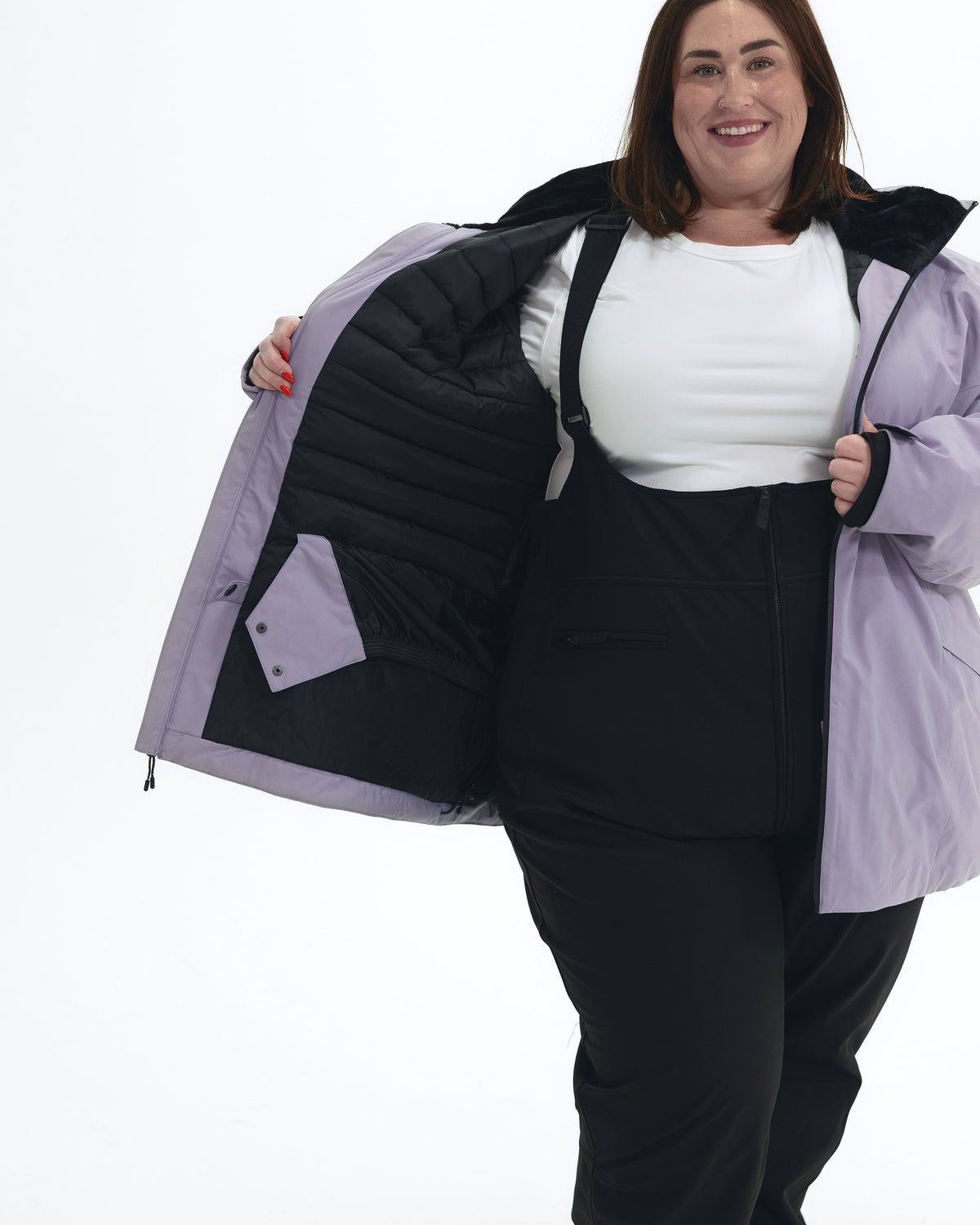 Lavender The Tempest plus size insulated snow jacket, worn open, interior pockets | Model is 5'4" and wears a 3X