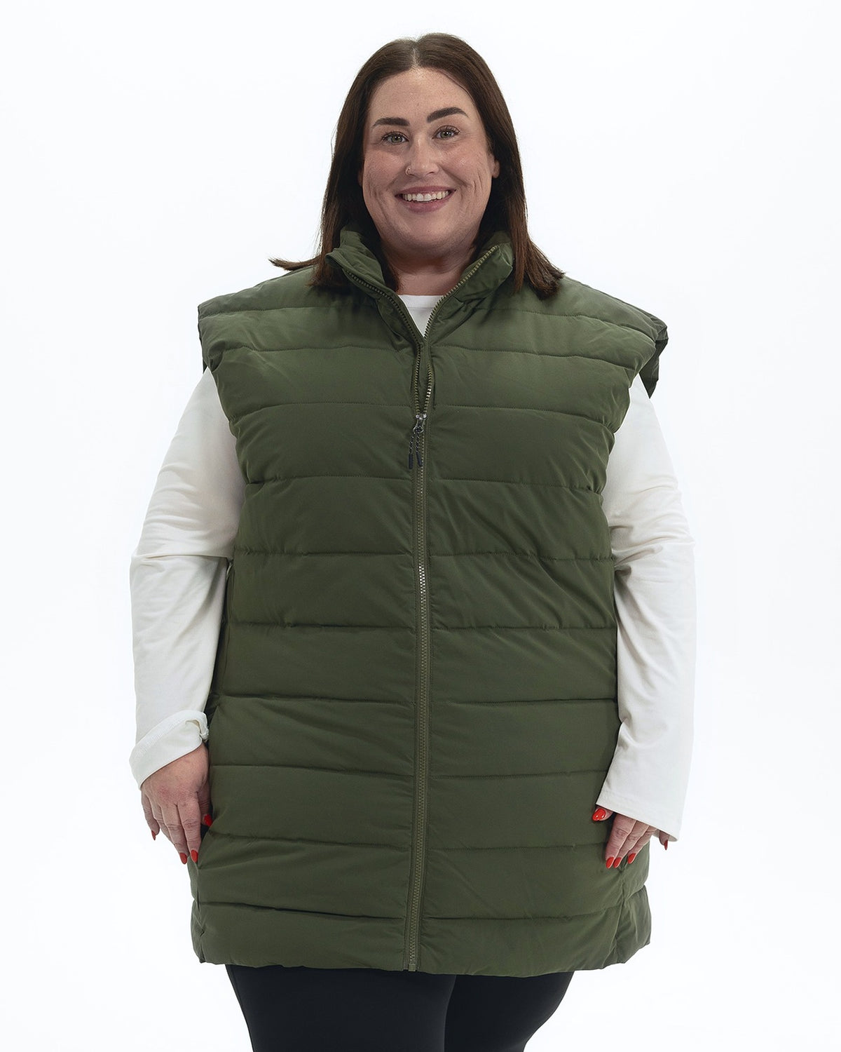 Scout Green Tempo II women's plus size insulated vest, front | Model is 5'4" and wears a 3X