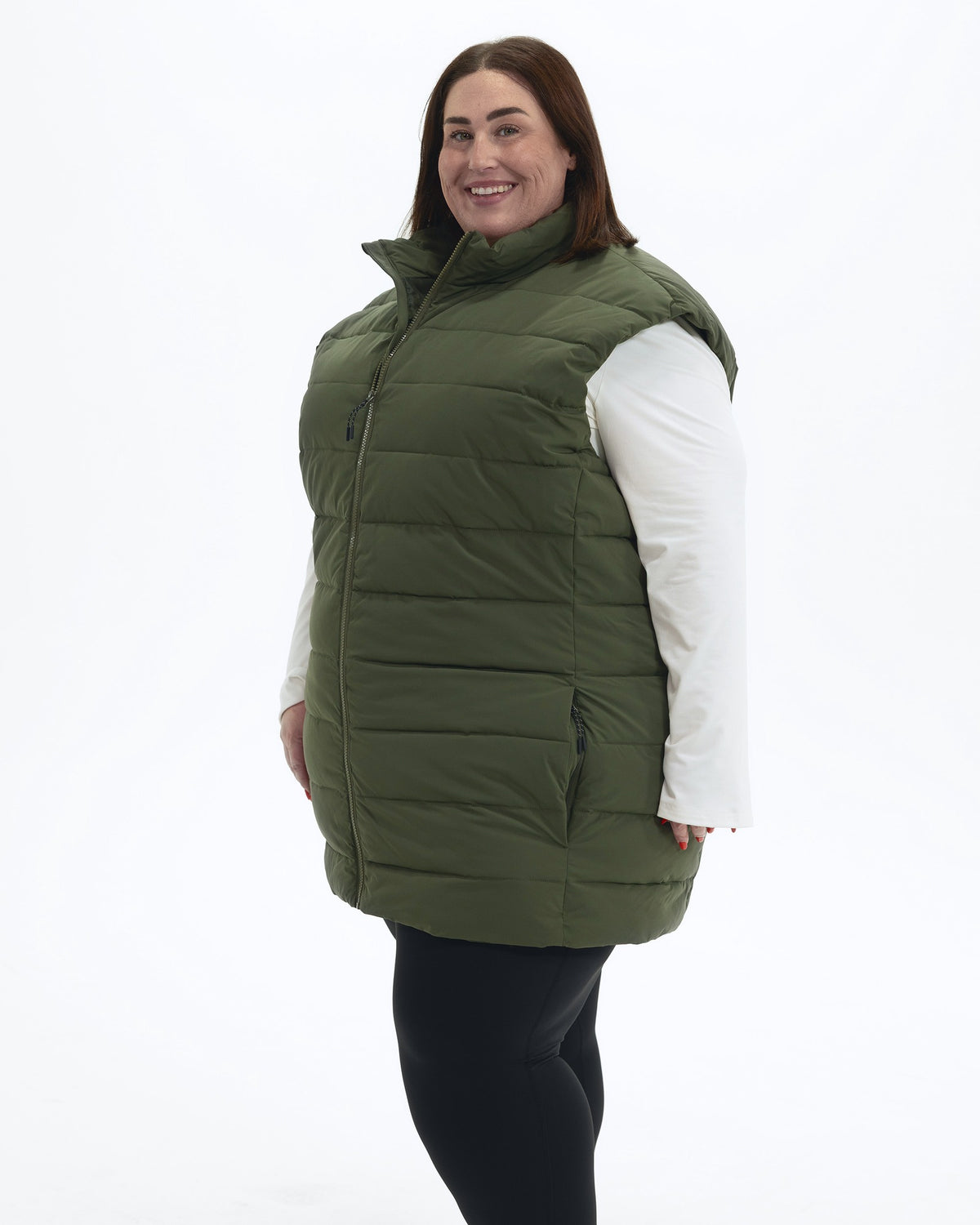 Scout Green Tempo II women's plus size insulated vest, three quarter view | Model is 5'4" and wears a 3X