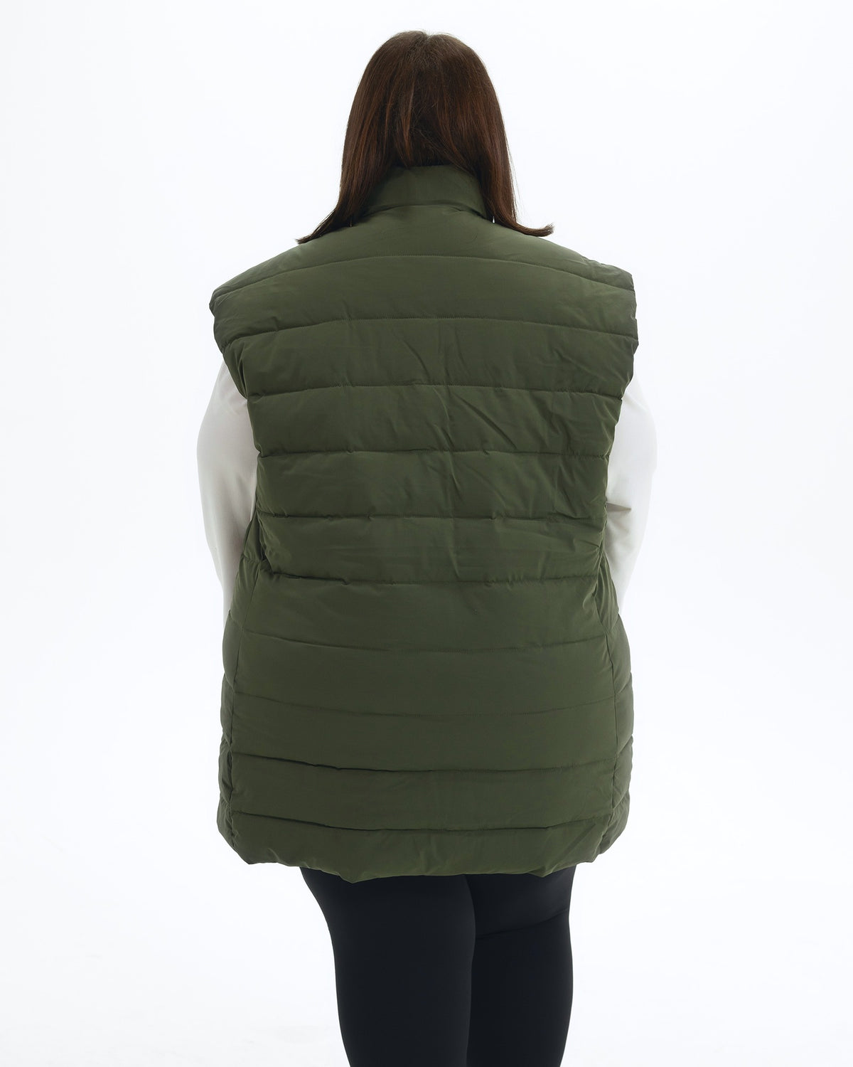 Scout Green Tempo II women's plus size insulated vest, back | Model is 5'4" and wears a 3X
