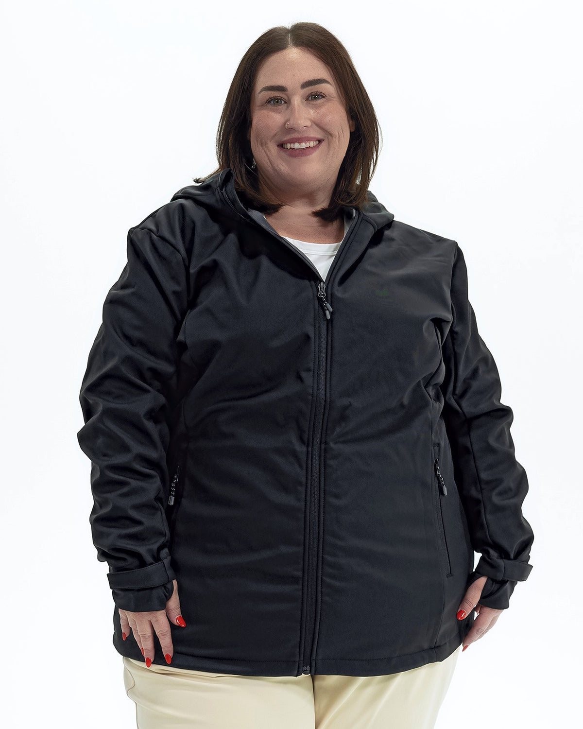 Black Venus women's plus size fleece lined soft shell jacket, front | Model is 5'4" and wears a 3X