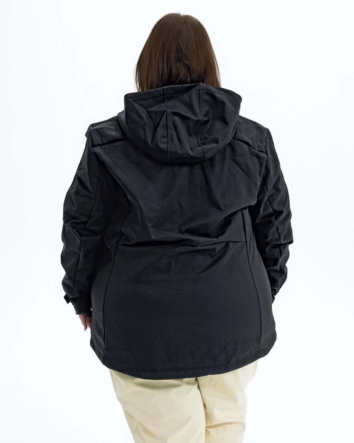 Black The Venus plus size fleece lined soft shell jacket, back | Model is 5'4" and wears a 3X