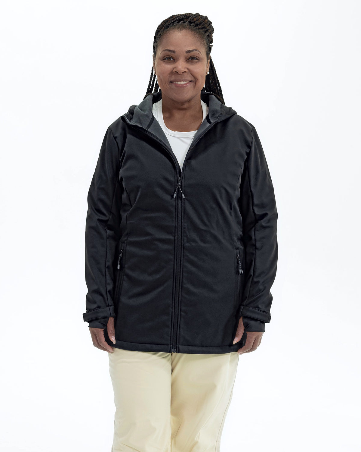 Black The Venus plus size fleece lined soft shell jacket, front | Model is 5'6" and wears a 1X