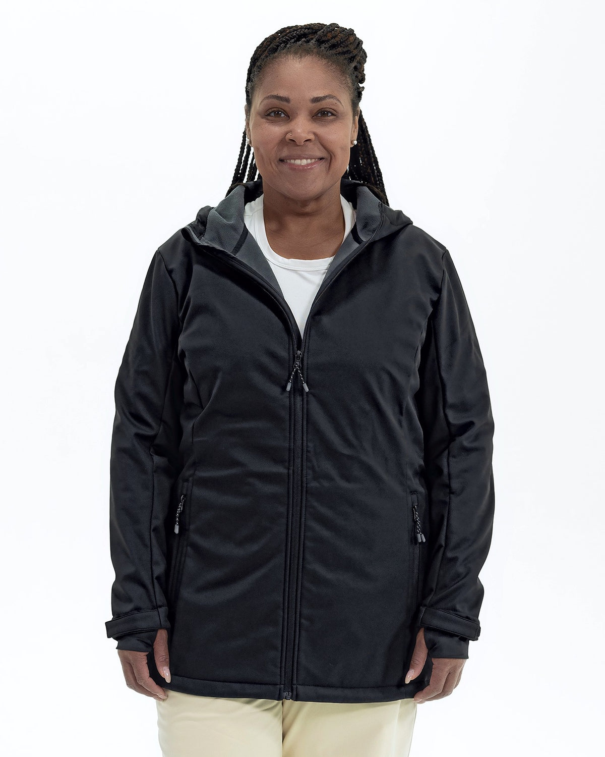 Black Venus women's plus size fleece lined soft shell jacket, front | Model is 5'6" and wears a 1X