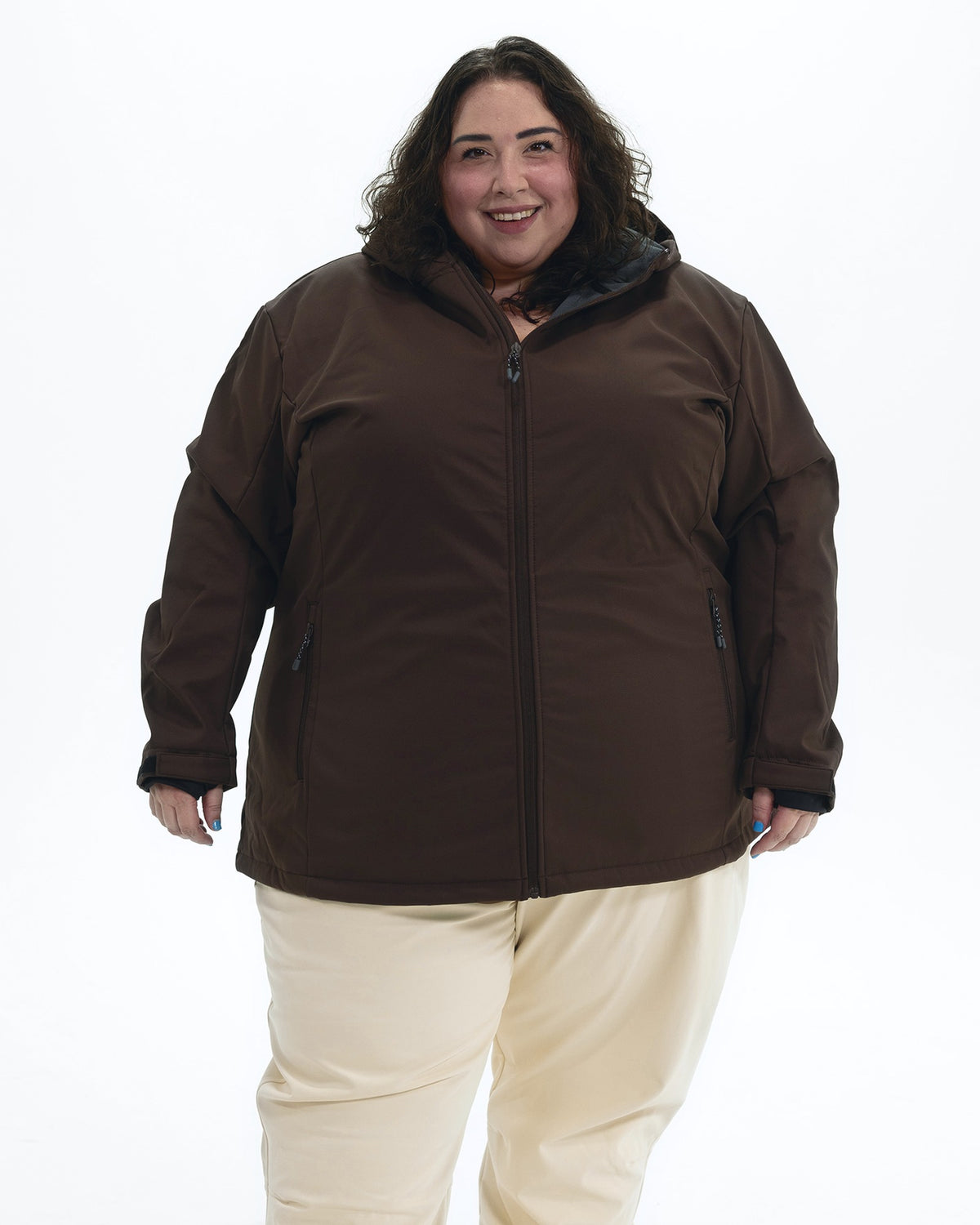 Chocolate The Venus plus size fleece lined soft shell jacket, front | Model is 5'4" and wears a 5X