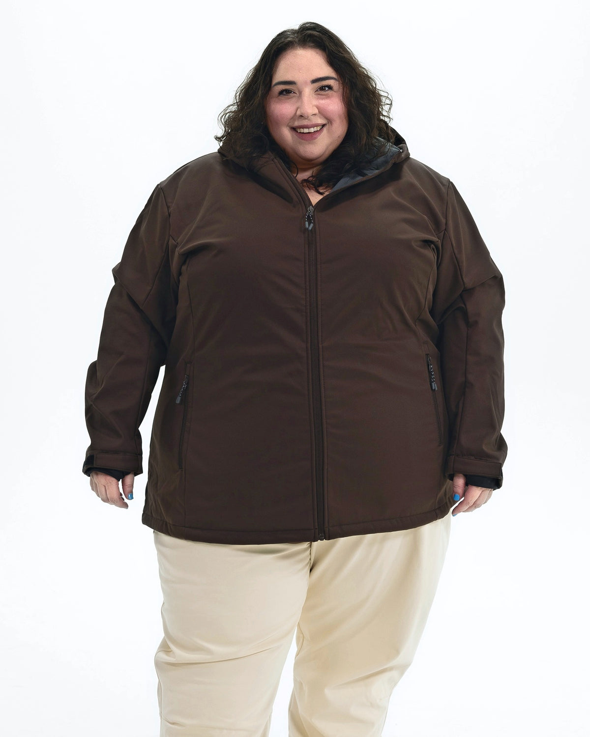 Chocolate Venus women's plus size fleece lined soft shell jacket, front | Model is 5'4" and wears a 5X