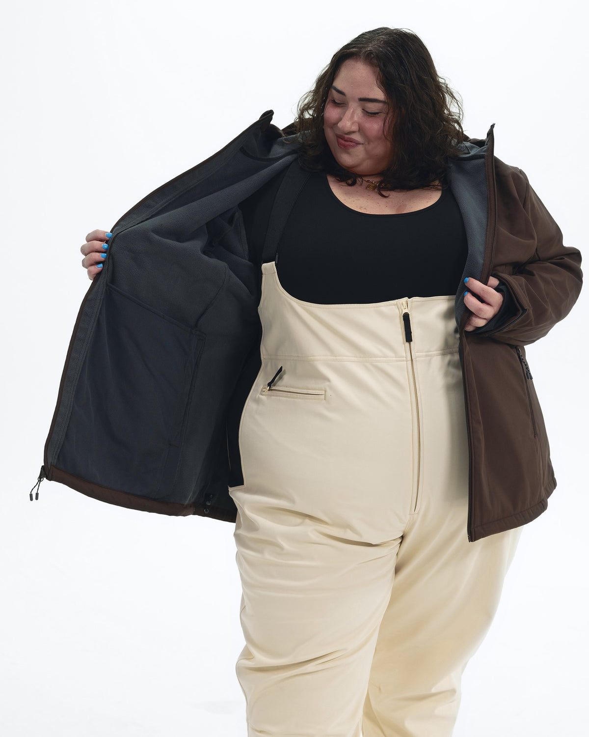 Chocolate The Venus plus size fleece lined soft shell jacket, worn open showing the micro fleece lining | Model is 5'4" and wears a 5X