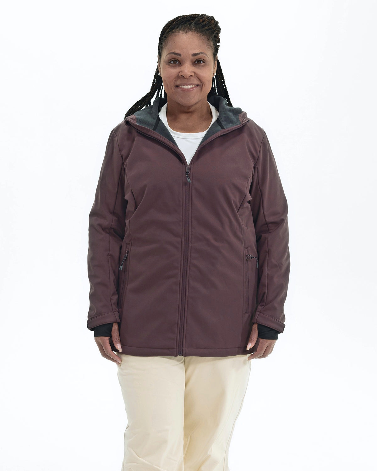 Eggplant Venus women's plus size fleece lined soft shell jacket, front | Model is 5'6" and wears a 1X